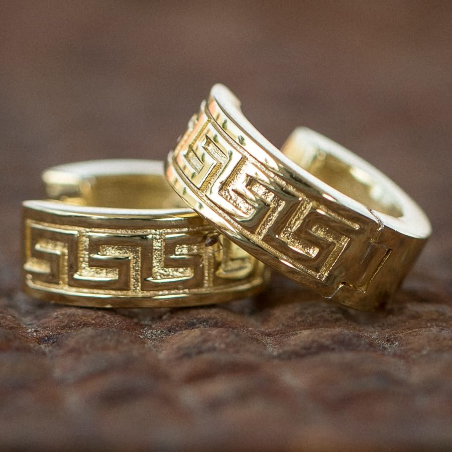 Small Solid 14K Yellow Gold 925 Sterling Silver Men's Women's Trendy Hypoallergenic Unisex Greek Key Pattern Huggie Hoop Earrings Jewelry Gifts for Men Women2