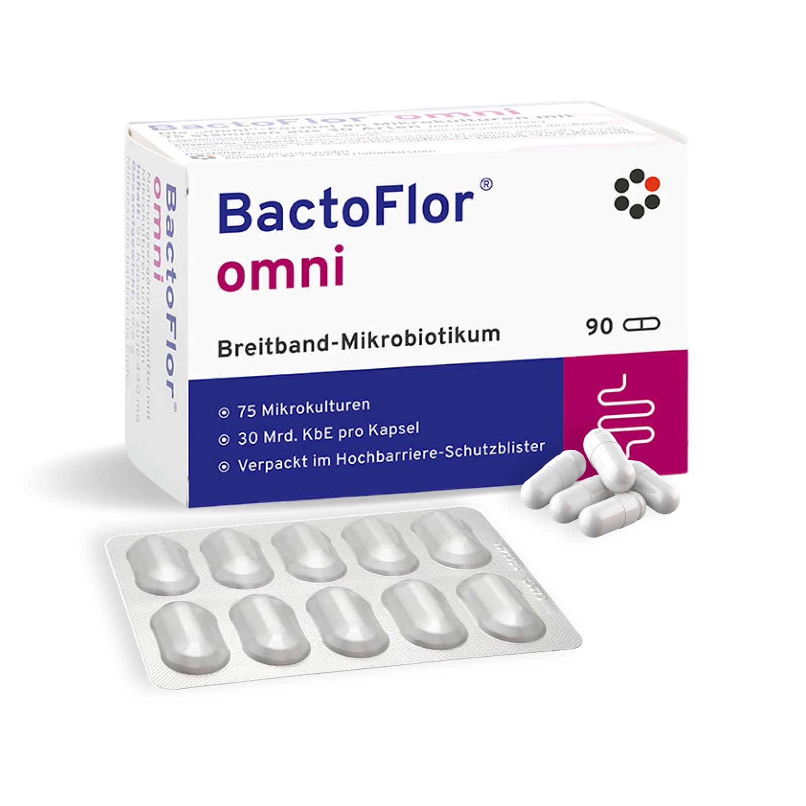 BactoFlor® omni - Probiotika mit 75 Bakterienkulturen hochdosiert (90 Kapseln) - Für den Aufbau des Darms mit den wichtigsten Milchsäurebakterien - 2.700 Mrd. KBE je Packung - laktosefrei + glutenfrei