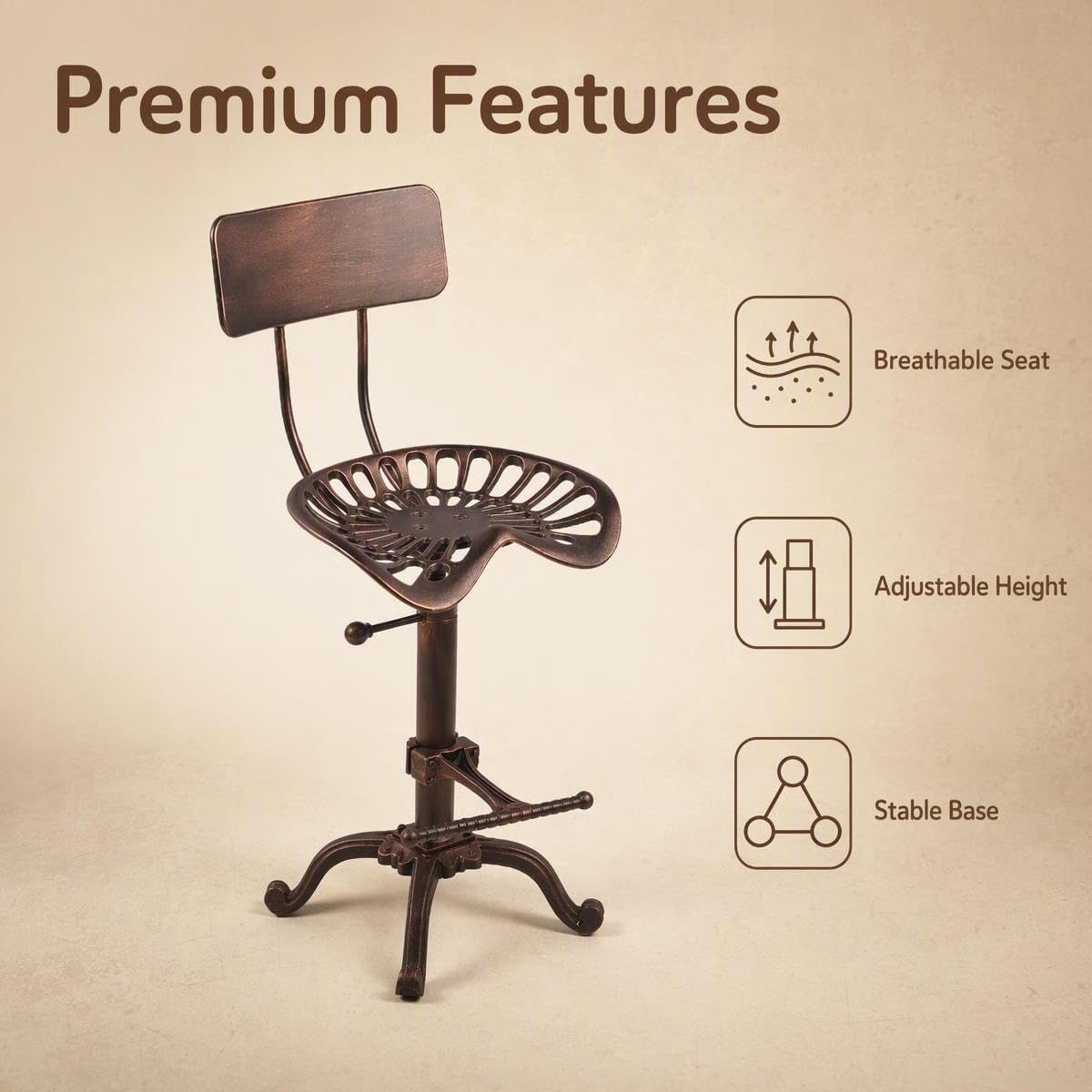 Industrial Tractor Seat Bar Stool 21.6-27.5inch Counter Height Adjustable Rustic Cast Iron Dinner Stool with Backrest and Footrest for Home Kitchen Coffee House