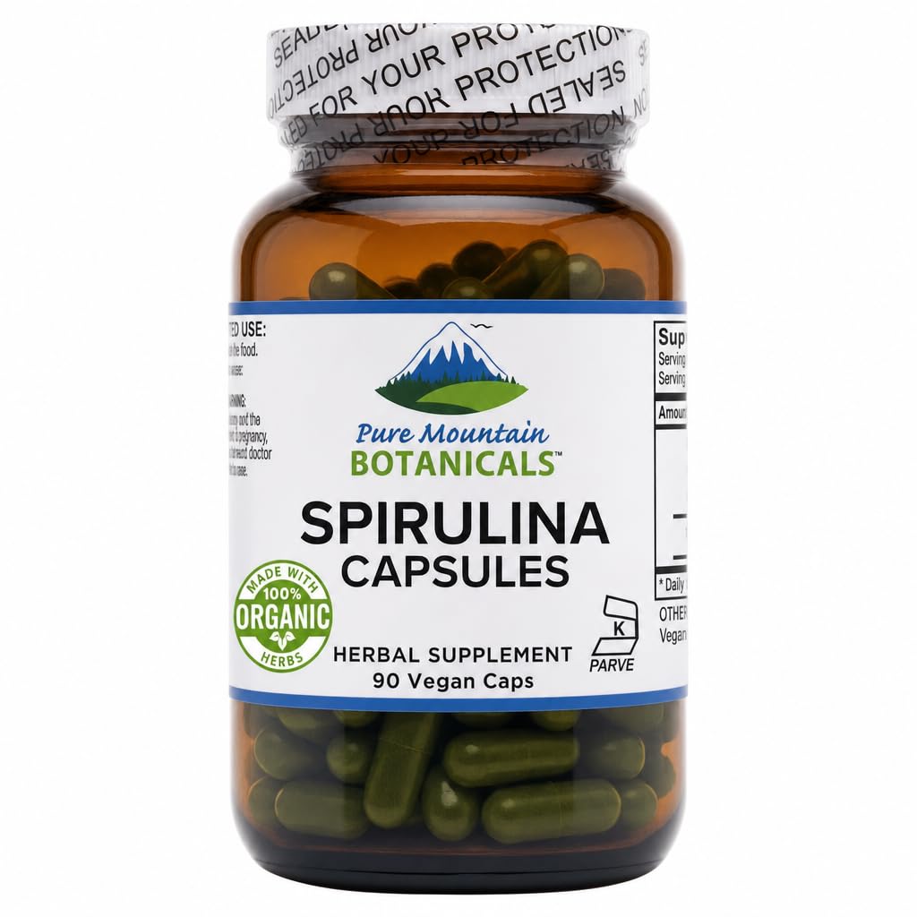 Pure Mountain Botanicals Spirulina Capsules 90 Count - 450mg Organic Spirulina - Kosher Vegan Non-GMO - Superfood Supplement - Espirulina