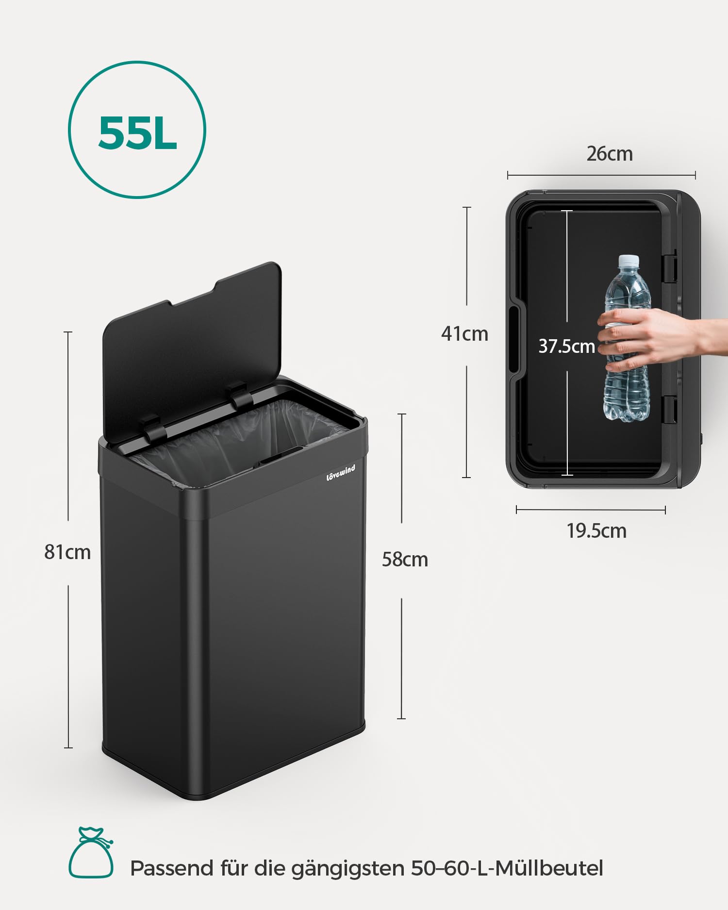 lovewind 55L Sensor Mülleimer Küche, Automatischer Mülleimer mit Sensor & Type-C Aufladung, Edelstahl Abfalleimer mit Deckel, Berührungsloser Küchenmülleimer, Soft-Close Deckel, Geruchsdicht, Schwarz