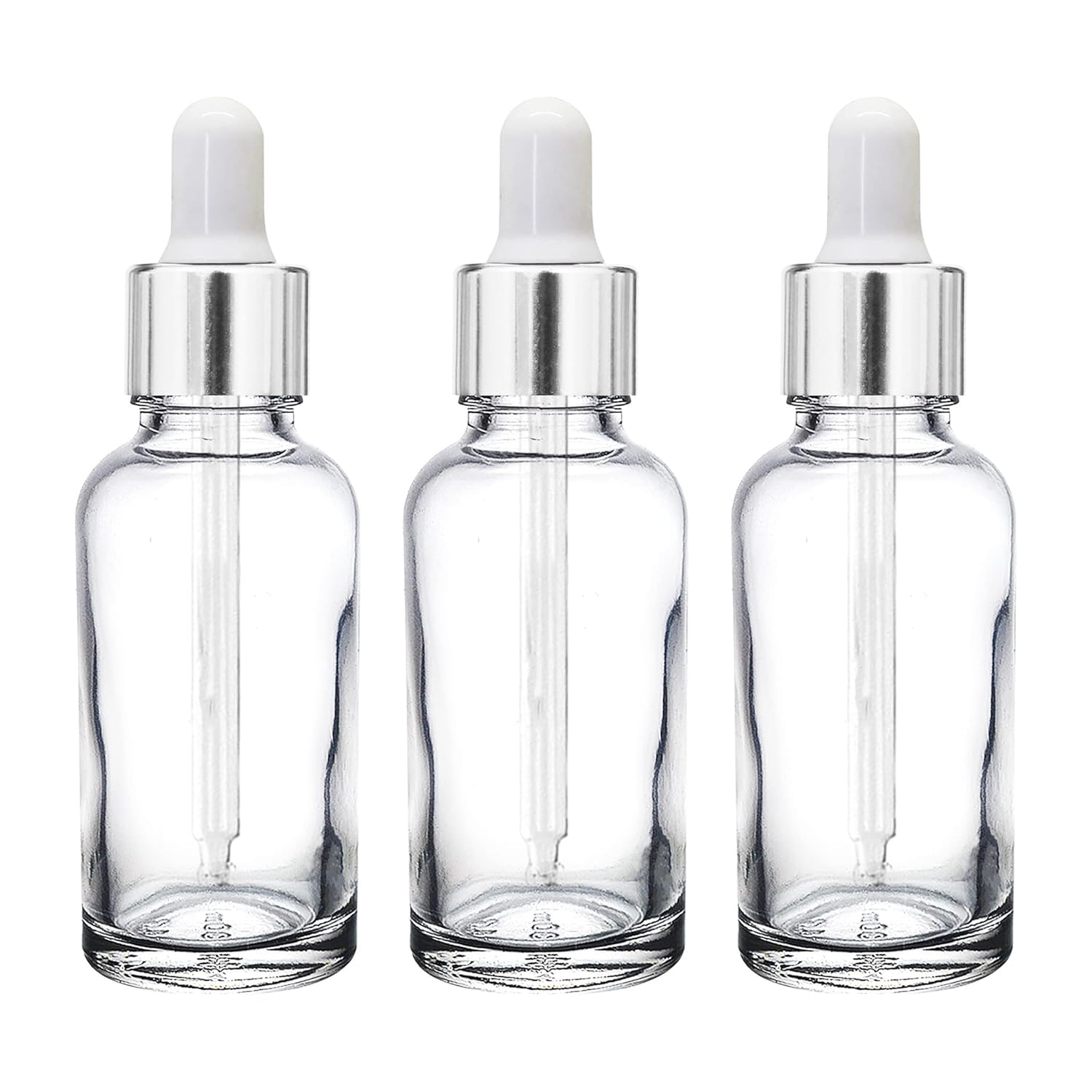 30 ML Clear/Transparent Round Empty Glass Bottle + Dropper + Silver Ring + Silcon White Teat (Pack of 3) Refillable, Leak Proof For Essential Oils, Perfumes-image-35