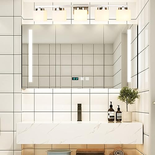 Miniatura 6 de 5 luces de níquel cepillado para tocador con pantalla de vidrio blanco lechoso para baño sobre espejo, 40 pulgadas