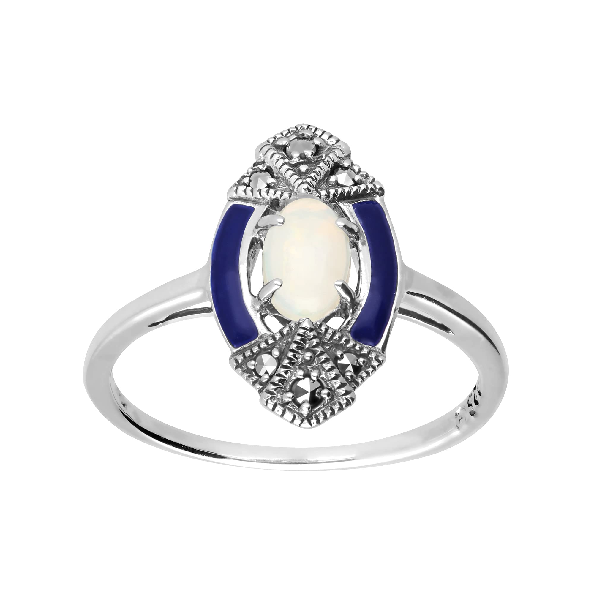 GemondoUSA Art Deco Opal, Blue Enamel, and Marcasite Ring White