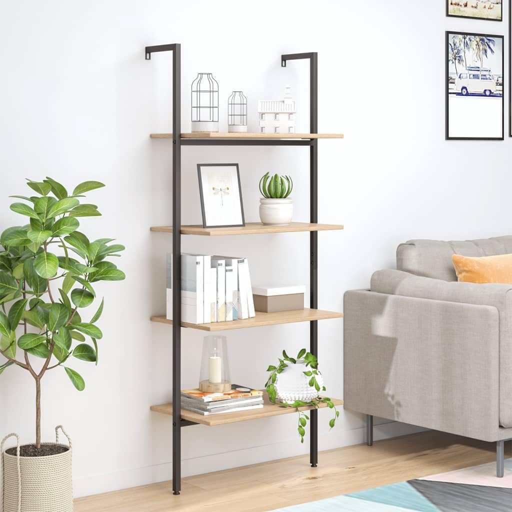 Leiterregal 4 Böden 64x35x152,5 cm aus Holz und Stahl Hellbraun Schwarz Modernes Bücherregal mit Wandbefestigung für Wohnzimmer Schlafzimmer Büro Flur
