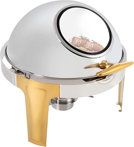 Miniatura 7 de Juego de platos de bufé con tapa enrollable, acento dorado, juego de servidores y calentadores de bufé, bandeja de calentamiento, 6.3 cuartos de