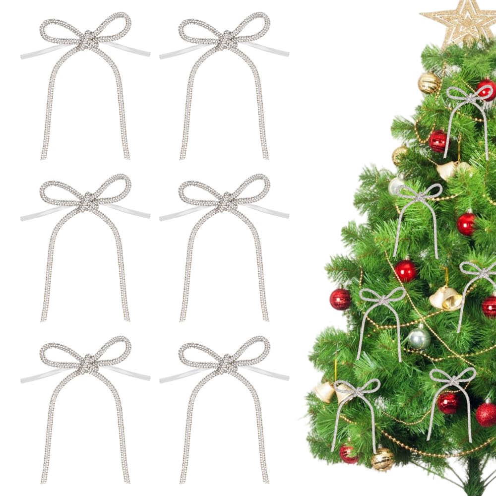 6PCS Glitter Christmas Bows Decors, Lightweight Shiny Xmas Tree Decorations Pearl Bows for Holiday Home Decor, Xmas Tree Topper, Garland Present