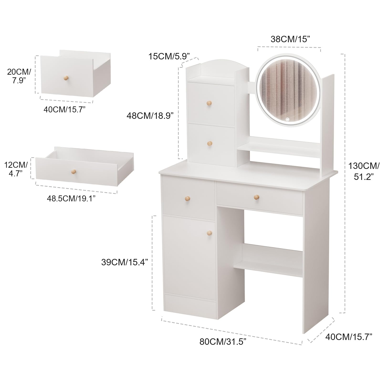 Escritorio de maquillaje con espejo iluminado LED, mesa de tocador con 2 cajones y estantes de apertura, tocador para dormitorio, escritorio de maquillaje para niñas para espacios pequeños,
