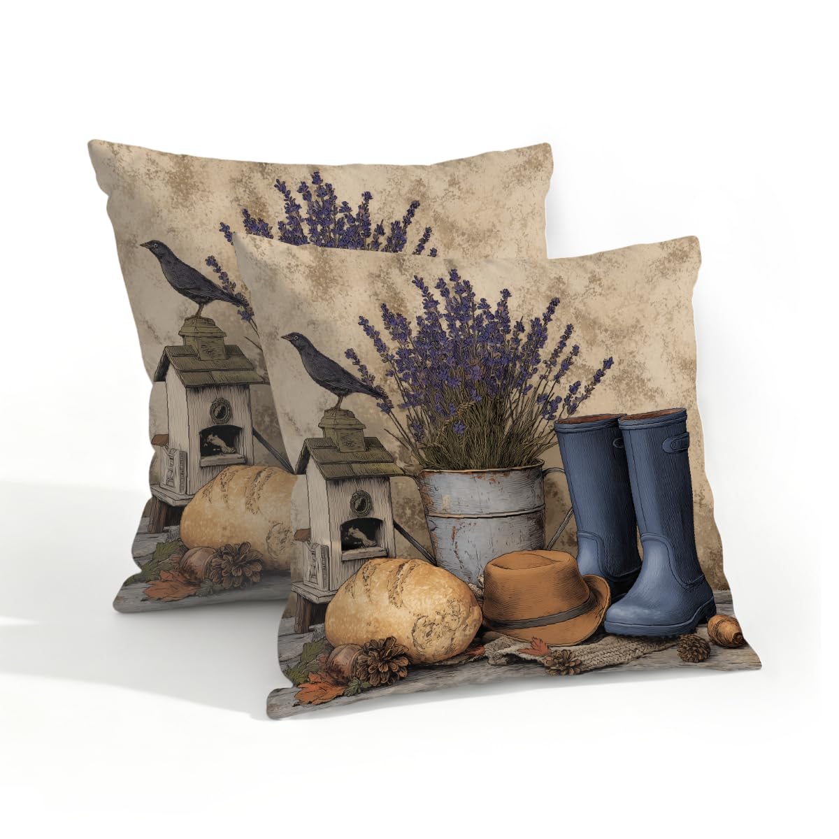 Outdoor Pillow Covers Waterproof Pillowcases 18x18in Set of 2 Rustic Farmhouse Western Lavender Bird Decorative Throw Cushion Case for Couch Sofa Garden Patio Furniture