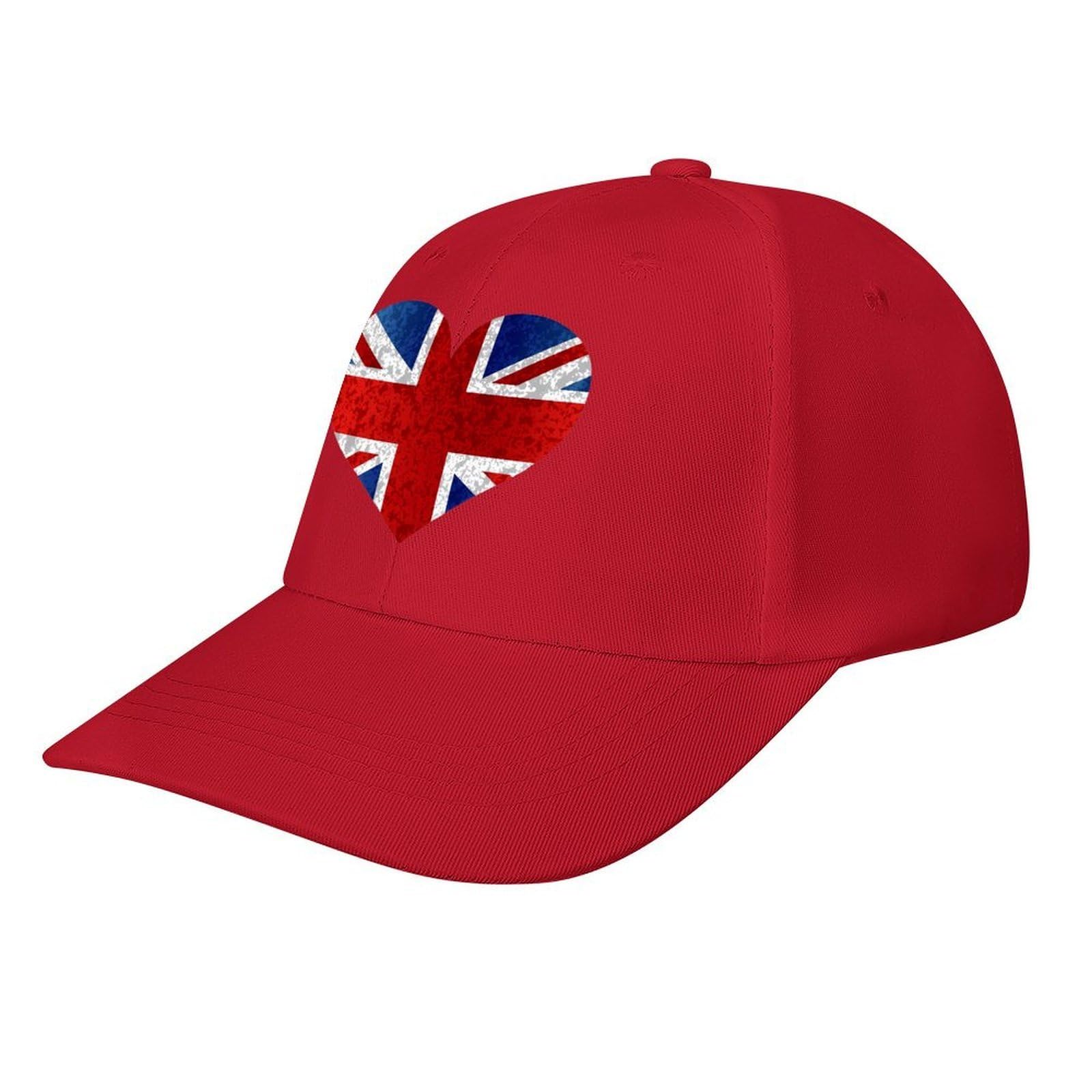 asbwuo England Union Jack Flag Heart Casual Baseball Cap Funny Golf Dad Hat Adjustable Trucker Caps for Running Outdoor Sports Red