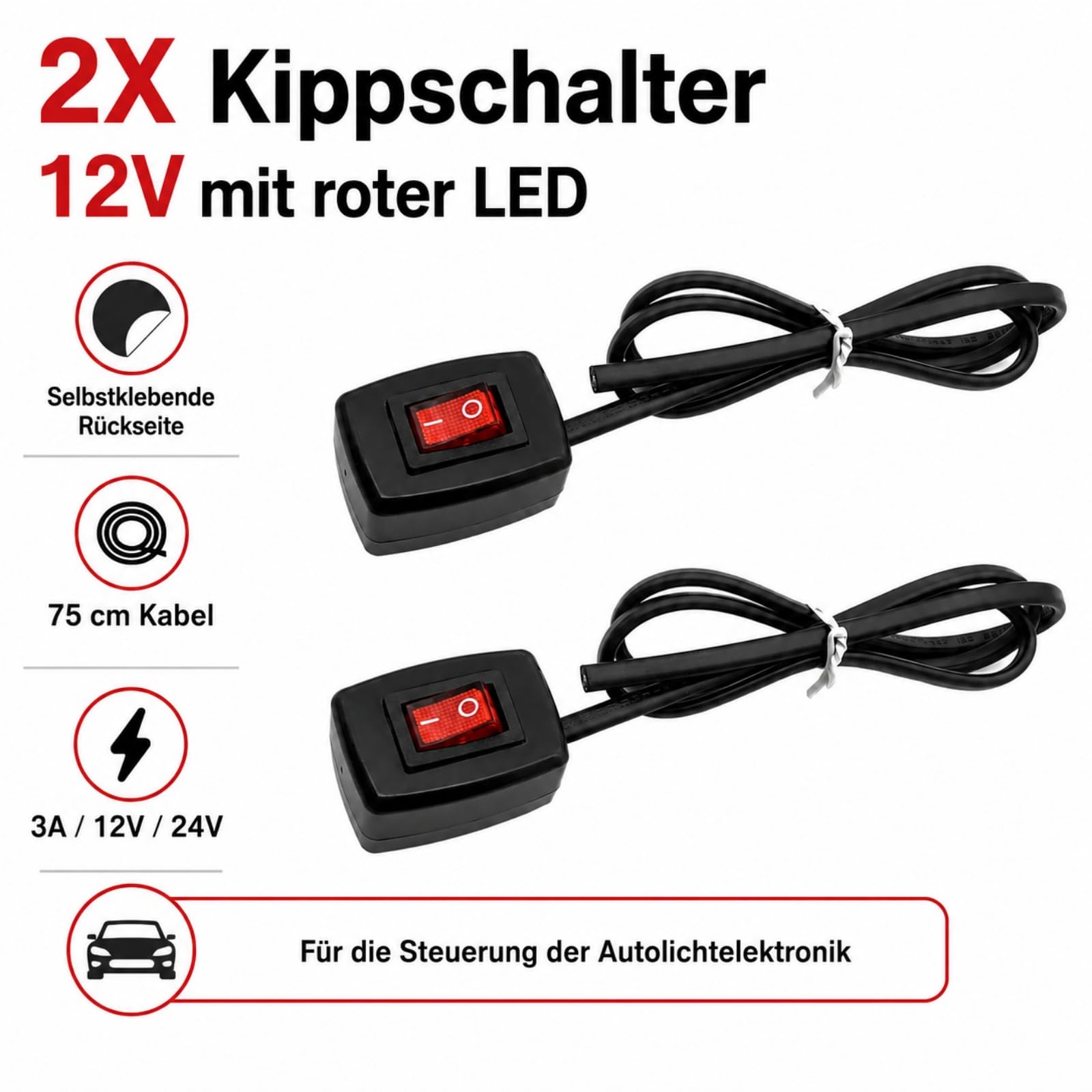 Powice 2 x przełącznik dźwigienkowy 12 V z samoprzylepnym tyłem, przełącznik 3 A/12 V/24 V z kablem 75 cm, przełącznik dźwigienkowy 12 V z czerwonym światłem LED do sterowania elektroniką oświetlenia
