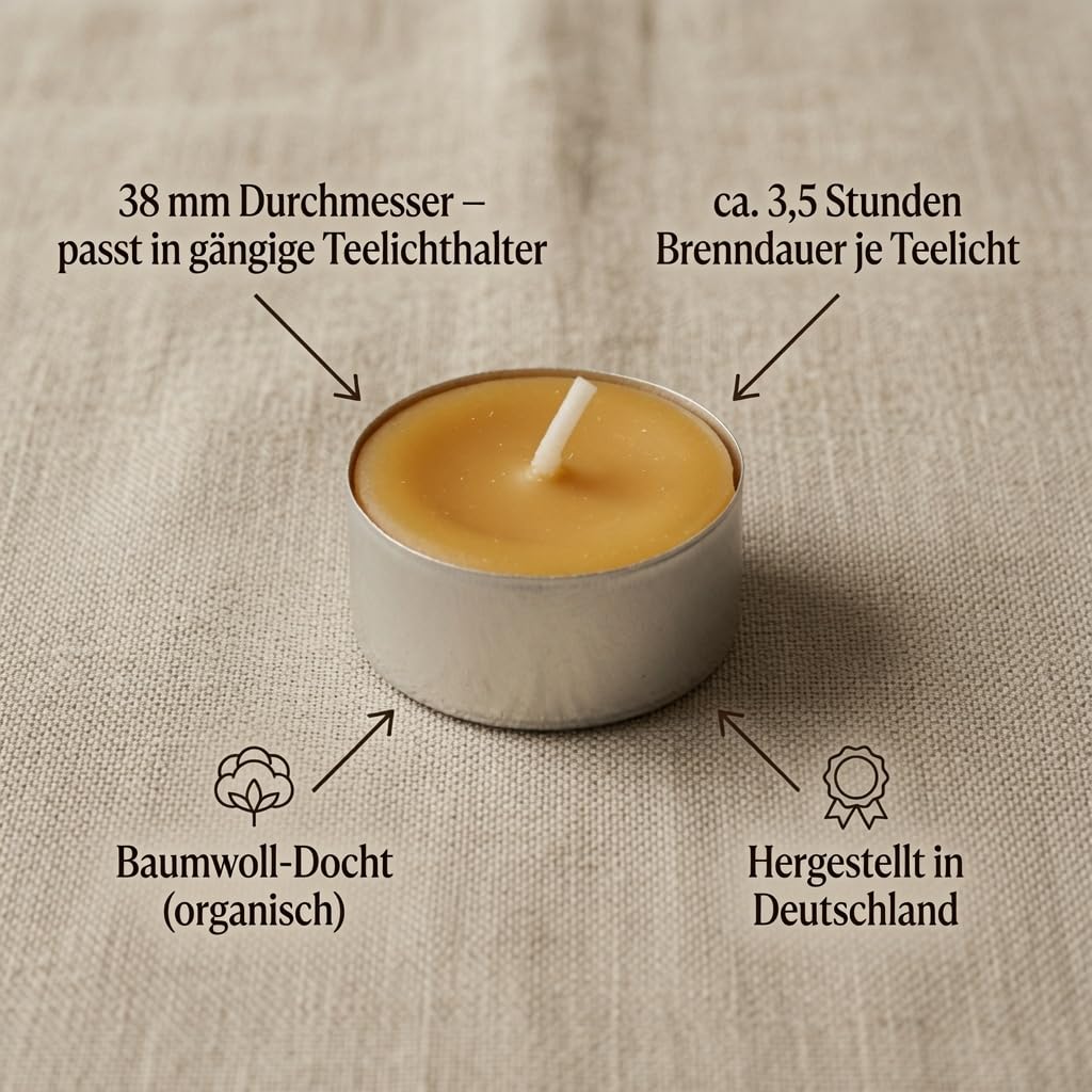 Bienenwachs Teelichter 100% naturrein 38mm, natürliche Duftkerzen, Baumwoll Docht, ca. 3,5h Brenndauer, Made in Germany, Set Auswahl
