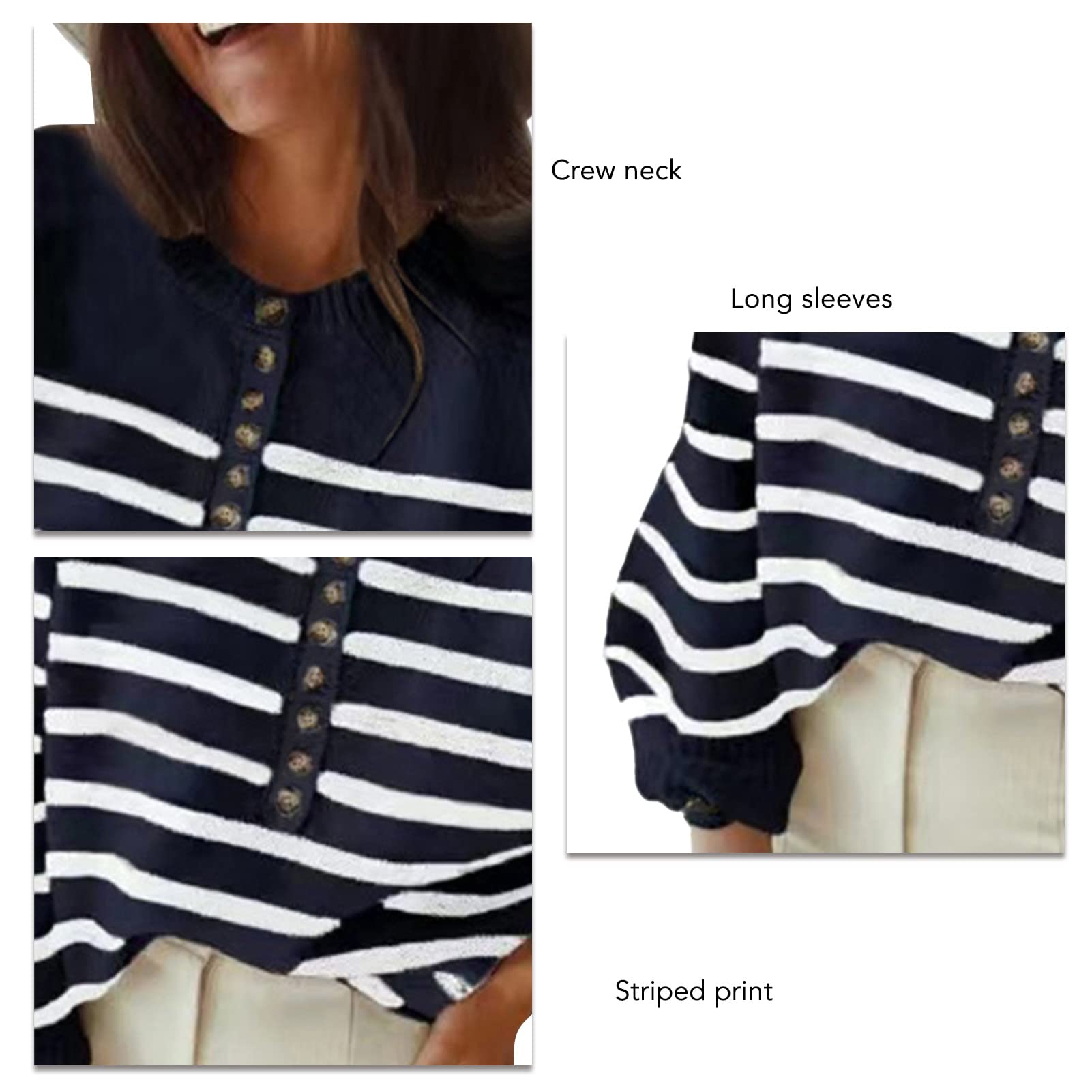 Maglione da donna a righe, girocollo, a maniche lunghe, con bottoni, alla moda, casual, per autunno e inverno
