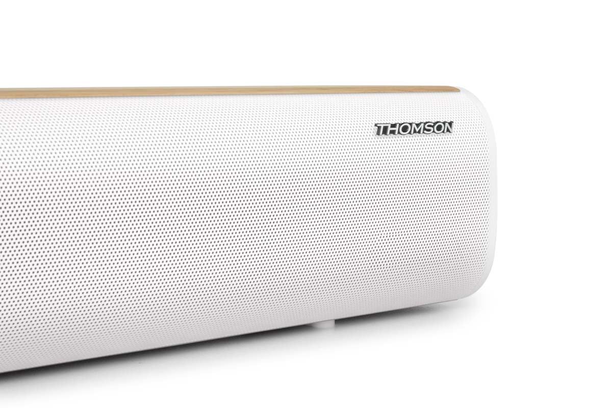 Thomson SB401BT Soundbar - 200W Potenza Musicale Totale - Bluetooth 5.0 - Ingresso Ottico, USB & AUX - Preset EQ - Telecomando - Indicatore LED della Sorgente - Design Bianco & Legno