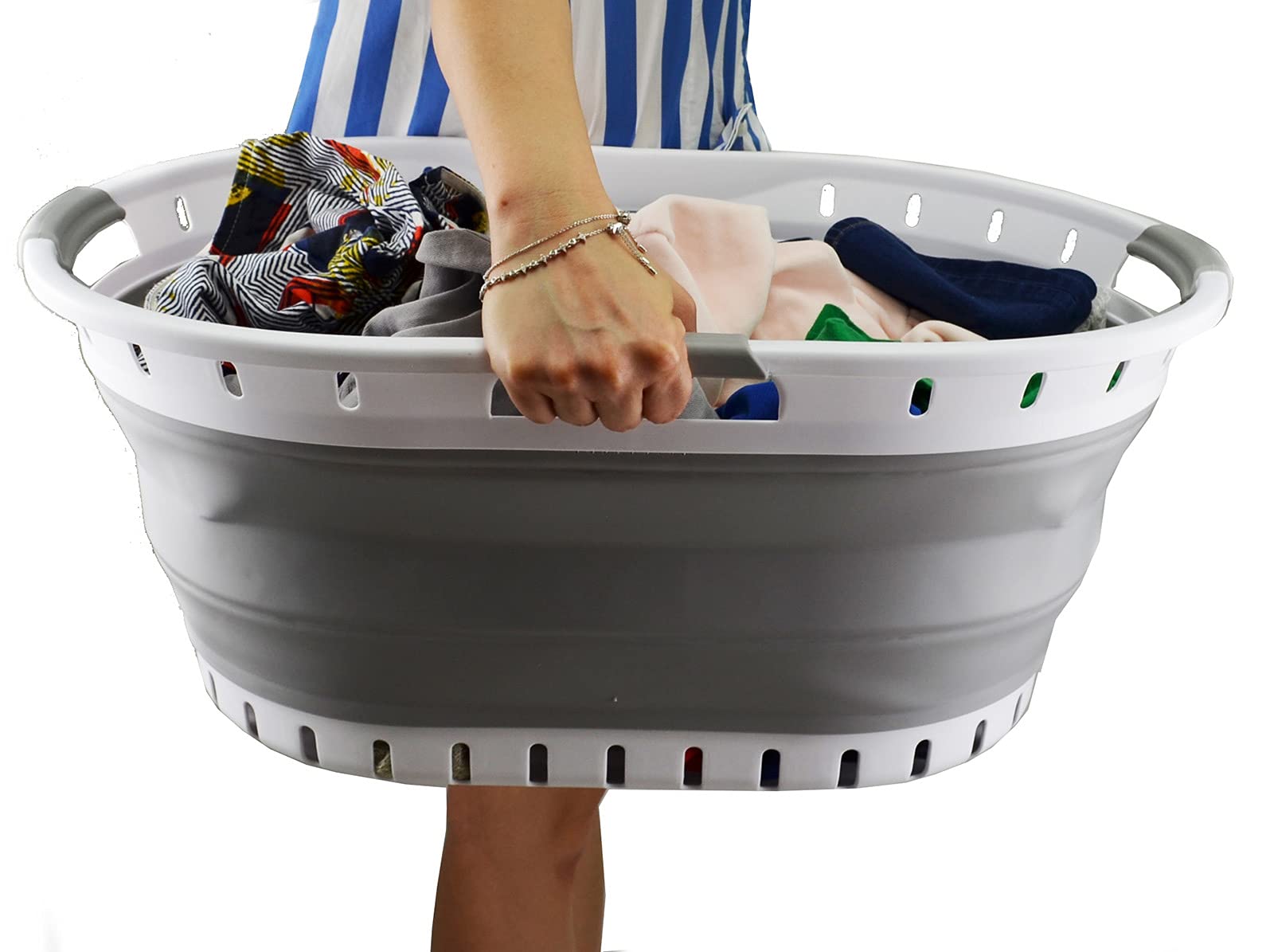 SAMMART 44 Litri Collapsible - Cesto portabiancheria pieghevole in plastica, per riporre oggetti e lavabo, contenitore salvaspazio (1, bianco/grigio), Dimensione : 64,6 x 45,2 x 27 cm