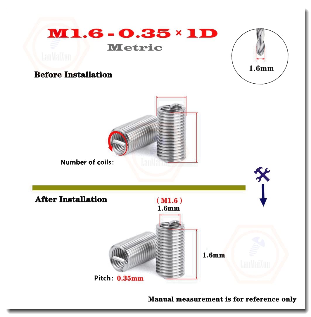 Inserti A Elica Per Riparazione Filettature M1.6 M2 M2.5 M3 M4-M24, Acciaio Inox A2