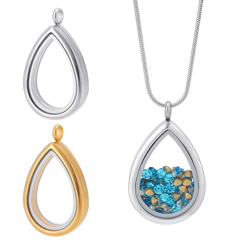 AHANDMAKER 2 colgantes flotantes de acero inoxidable de 2 colores, colgante de lágrima pequeña con colgante de memoria viva, collar de cristal con marco de fotos, dijes para hacer joyas, collares, 45