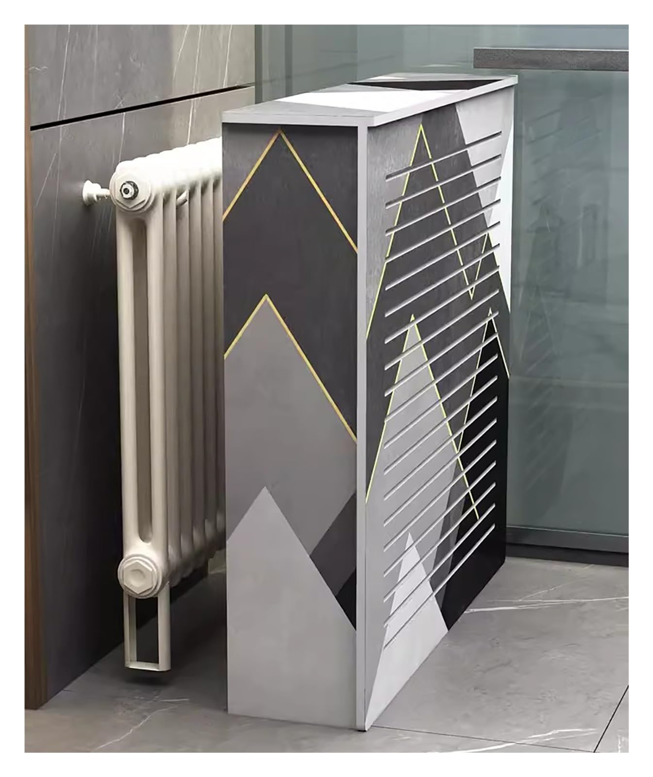 Couvercle de radiateur en bois et plastique avec étagère de rangement et lattes de grille