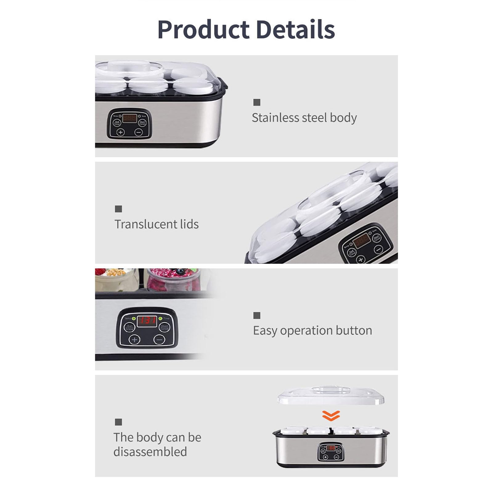 Yaourtière De 1400 Ml, Avec 8 Pots En Verre De 170 G, Écran LED, Température Et Minuterie Réglables, Pour La Fabrication De Yaourts Bio, De Natto Et Pour Un Usage Commercial.,A
