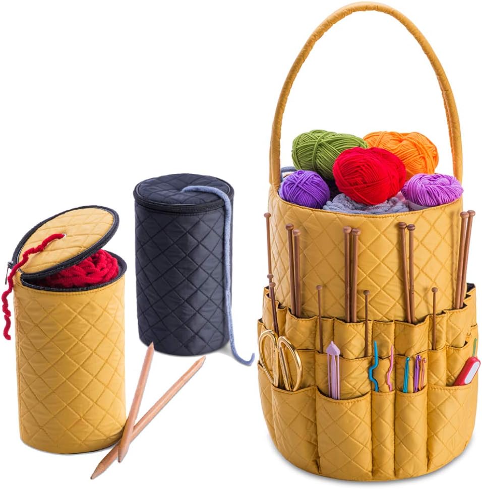 DeNOA Quilted Knitting and Sewing Storage Bag - Yarn and Needle Accessory Bucket with Inner Pockets - Canary
