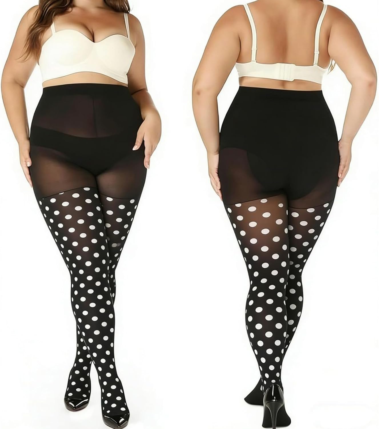 ENVY BODY SHOP Women's Opaque Sheer Polka Dot Control Top Pantyhose Tights, Dot Pattern, Stretch Comfort Fit