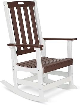 COWVIE Outdoor Rocking Chair, Ergonomic HDPE Rockers with All-Weather Design for Patio or Porch, Brown and White