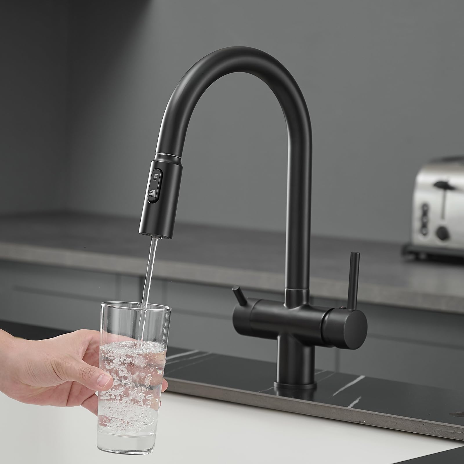 ZYCHSJXA Filter Tap 3 Way Tri-Flow Water Kitchen Sink Mixer Black Mode Rotatable Faucet