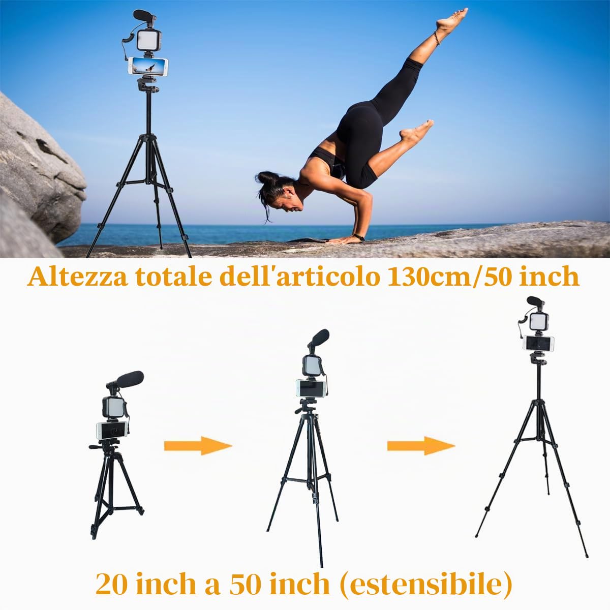 Kit video per smartphone, kit per vlogging, kit Youtuber, con microfono e treppiede leggero, 127 cm, con clip per telefono estensibile, telecomando compatibile con iPhone/smartphone/fotocamera…