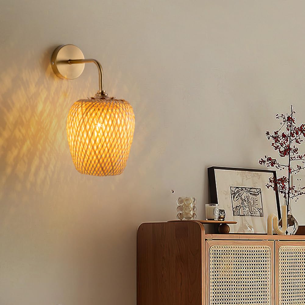 Lampa Ścienna LED Boho Wnętrze Złoto Ściemniacz Pilot Lampka Bohol Rattan Bez Podłączenia do Prądu Lampy Ściennej Retro Timer, 2 sztuki Bateria Lampa Salonowa Bambus Ręcznie Tkana USB Ładowalna