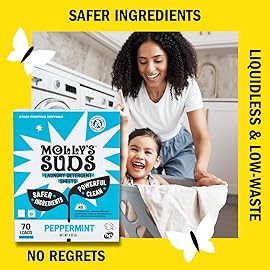 Mollys Suds Laundry Detergent Sheets | Gentle on Sensitive Skin, Powerful Bio-Based Enzymes, Stain-Fighting | Liquidless & Plastic-Free Packaging | 120 Loads (Peppermint)