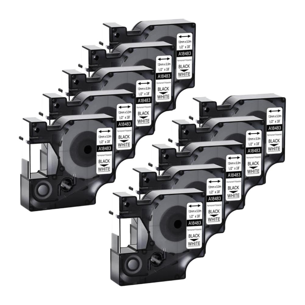 Lot de 10 rubans d'étiquettes industrielles permanents en polyester noir sur blanc, 9 mm, 12 mm, 19 mm, compatible avec les modèles d'imprimantes 1000, 3000, 4200, 5000