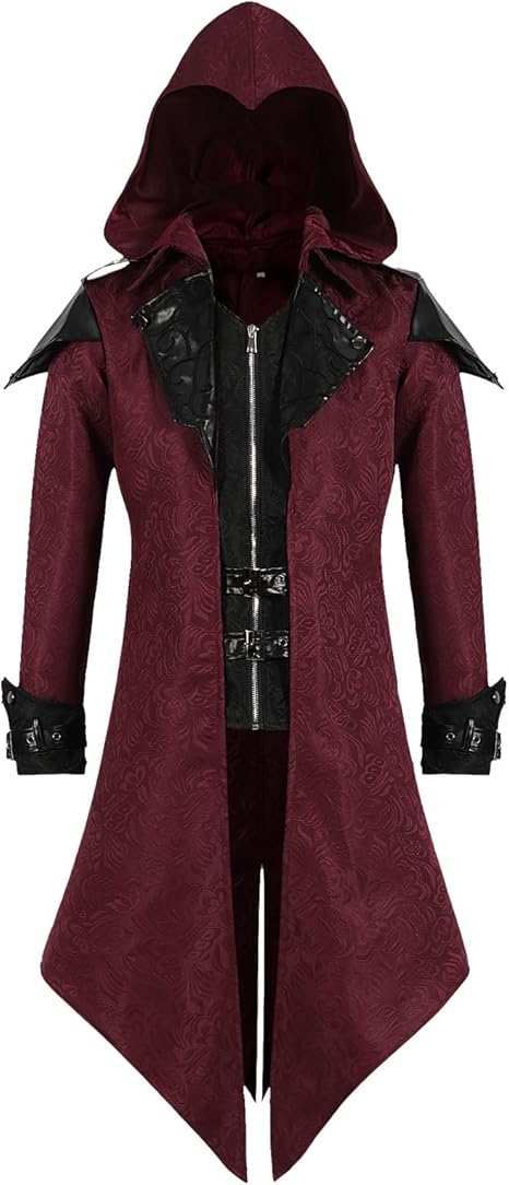 LLTTEER Middeleeuwse Steampunk Jas met Capuchon, Gothic Frack Herenmantel, Middeleeuwse Herenmantel Halloween Kostuum Renaissance Kleding Vintage Frack Jas (Rood, M