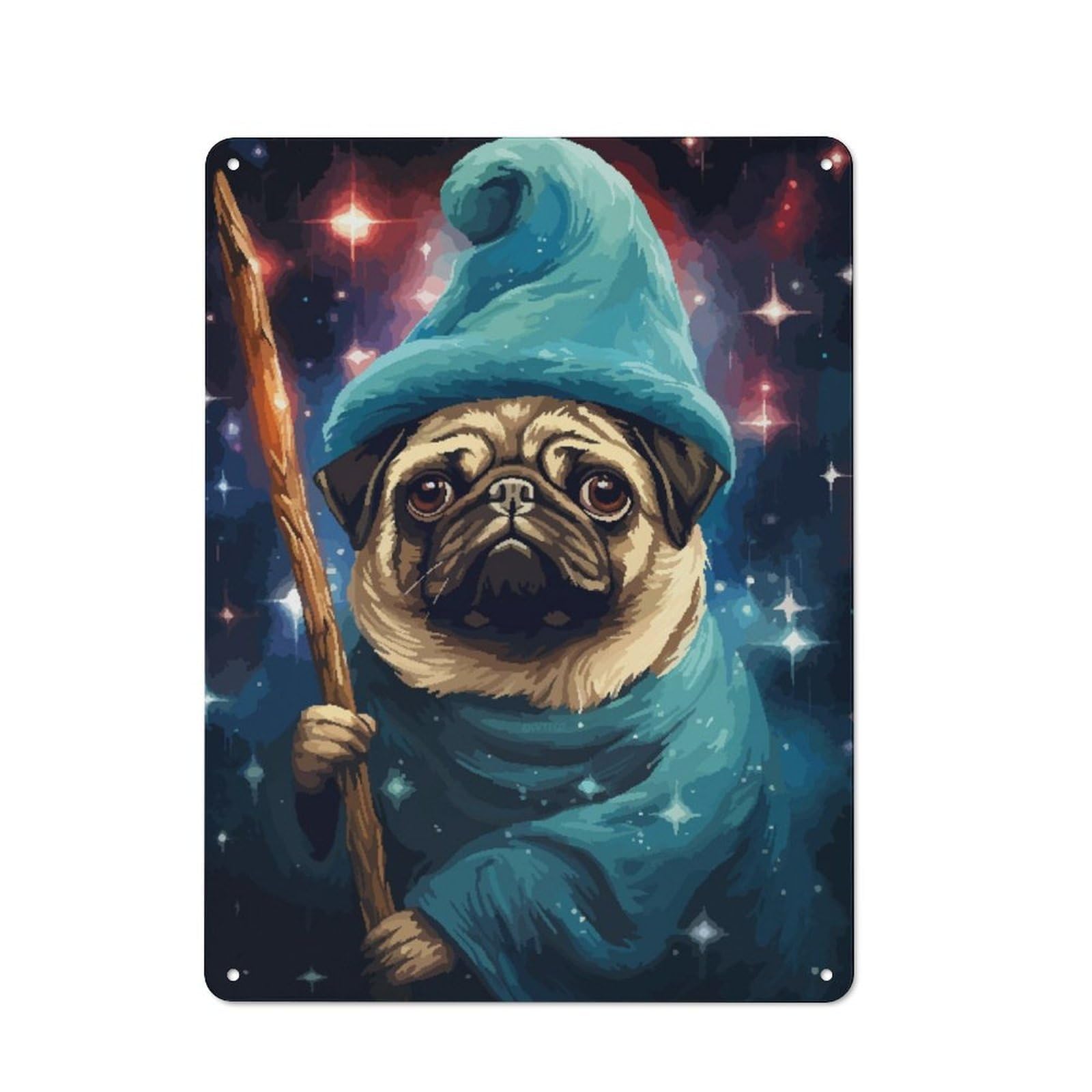 Junmoney Funny Pug Wizard Pixel Art Vintage Metal Plaque 40X30cm Featuring For Pub Or Café, Suited To Café Interior Fans