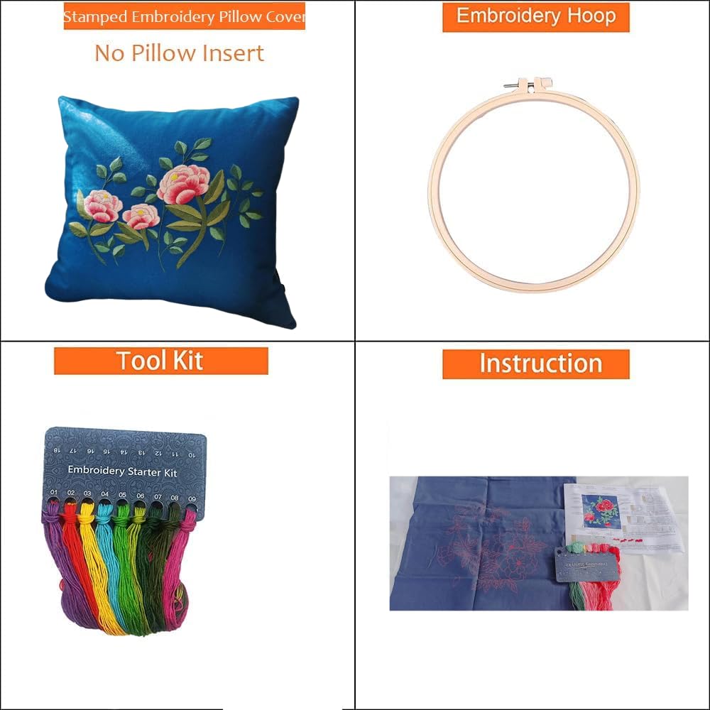 Kit De Housse De Coussin à Broder Soi-même - Motif Floral, Tissu De Qualité - Pour Débutants, Décoration Maison (bleu Clair)