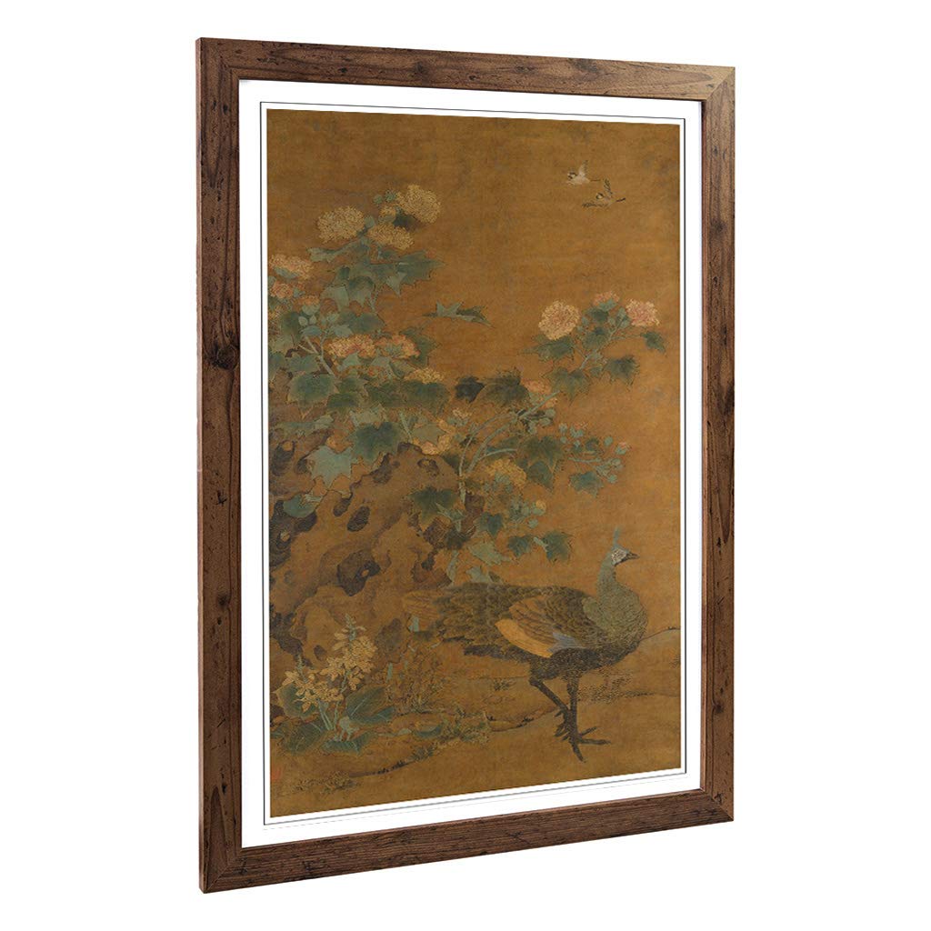 Big Box Art Framed Print of Yao Tingmei Oriental Peacock and Hollycock Design | Wall Art Picture | Home Decor for Kitchen, Living Room, Bedroom, Hallway, Walnut, A2 / 24.5x18 Inch / 62x45cm