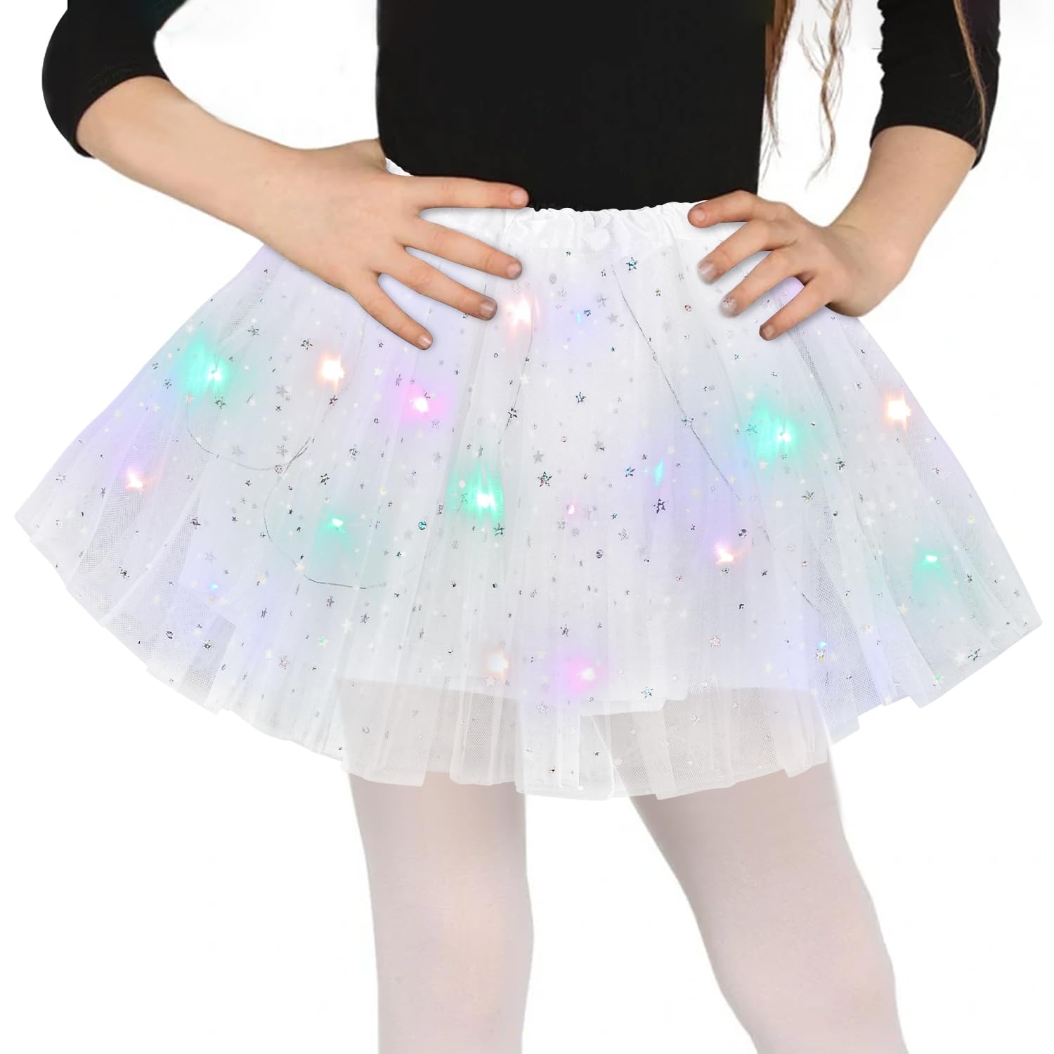 Wishstar Spódnica tiulowa dla dziewcząt, gwiazdy cekiny sukienka do tańca, 30 cm elastyczna mini spódnica z diodami LED, dla dziewczynek spódniczka baletowa na karnawał Halloween, sukienka baletowa