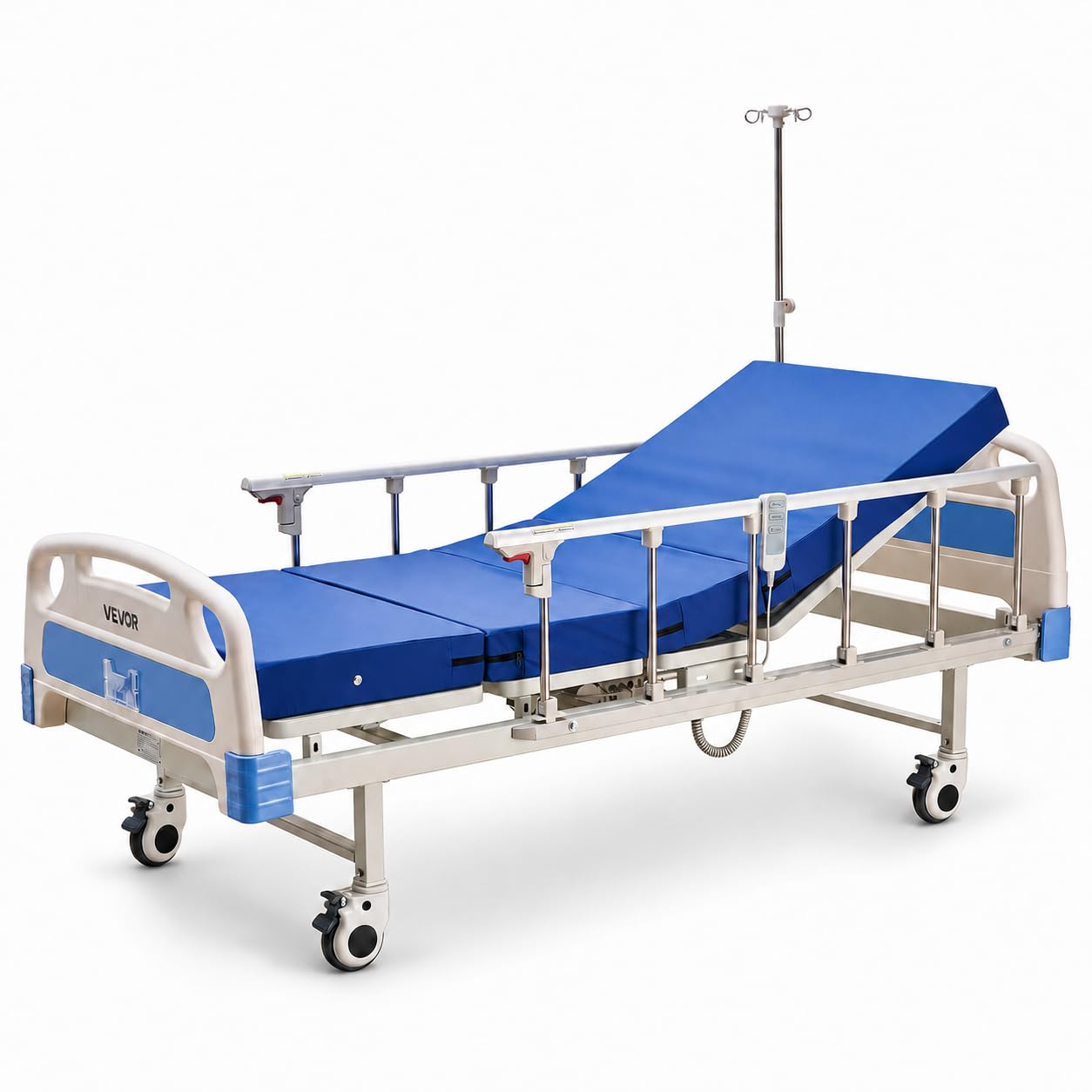 VEVOR Elektryczne łóżko szpitalne, 2-funkcyjne łóżko szpitalne z oparciem, podnóżkiem i regulacją wysokości, zamykane kółka, materac o dużej gęstości do szpitala Easa, pojemność 250 kg