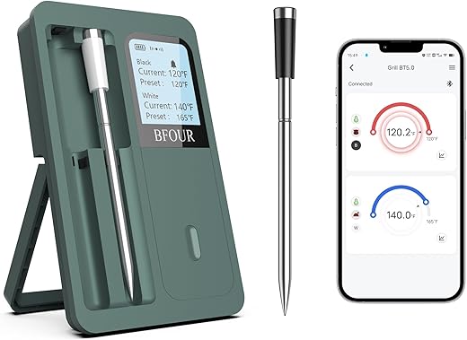 BFOUR Fleischthermometer Kabellos mit 2 Sonde (Upgraded), Bluetooth Grillthermometer mit großem LCD-Display, App-Steuerung,Intelligent Bratenthermometer für Grill,Backofen und…