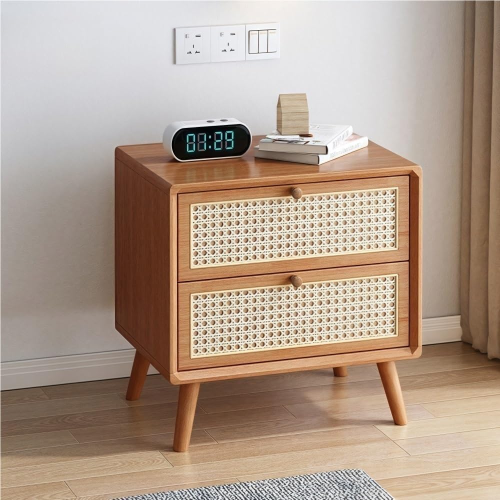 Hjklpoiu ラタン 無垢材 ナイトスタンド 収納付き ボーホーサイド