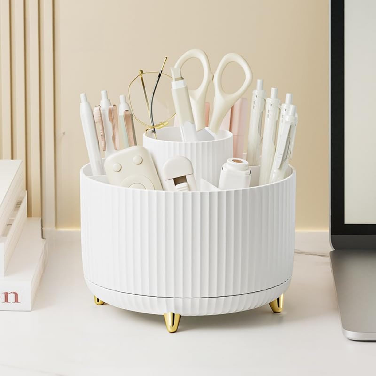 Guakk White 360° Rotating Desk Organiser - 5-Slot Pen Holder & Cosmetic Brush Storage, Plastic Desktop Tidy Accessories For Office/School/Home (White)