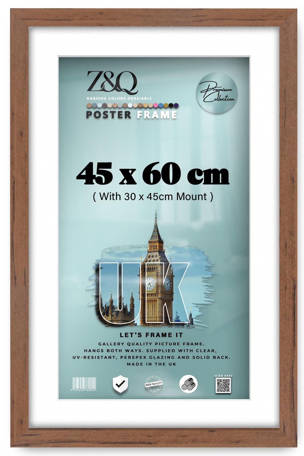 Z&Q Sturdy 45x60 CM Photo Frame With 30x45CM Mount MDF ETON Wood 24x15MM Molding Shatterproof Clear Perspex Front (Walnut)