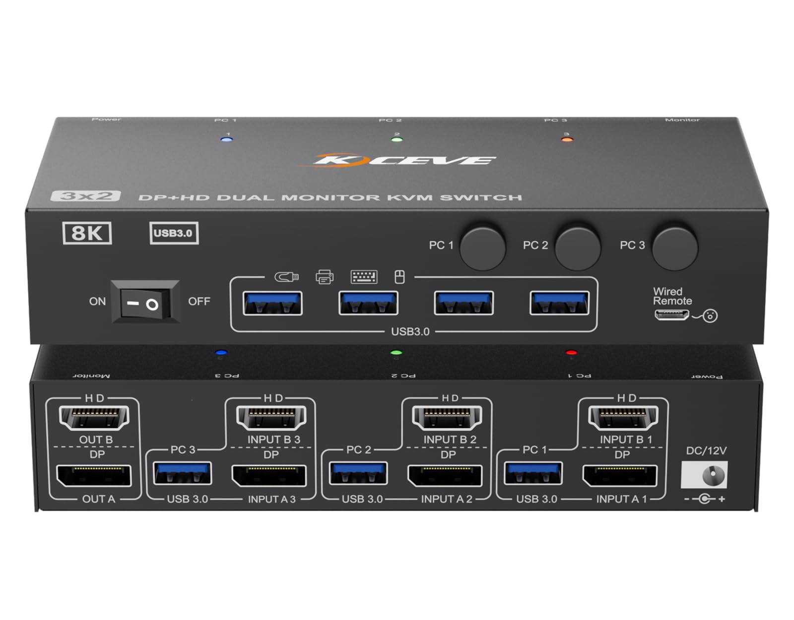 KVM Switch 3 PC 2 Moniteur 8K@60Hz 4K @144Hz, MLEEDA HDMI + Displayport Dual Moniteur KVM Switch avec 4 ports USB 3.0 pour clavier souris, avec télécommande par câble, adaptateur d'alimentation et