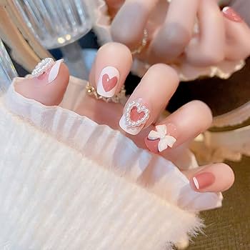 Amazon | 24枚セット ハートネイル パールとリボンの装飾 ガーリー