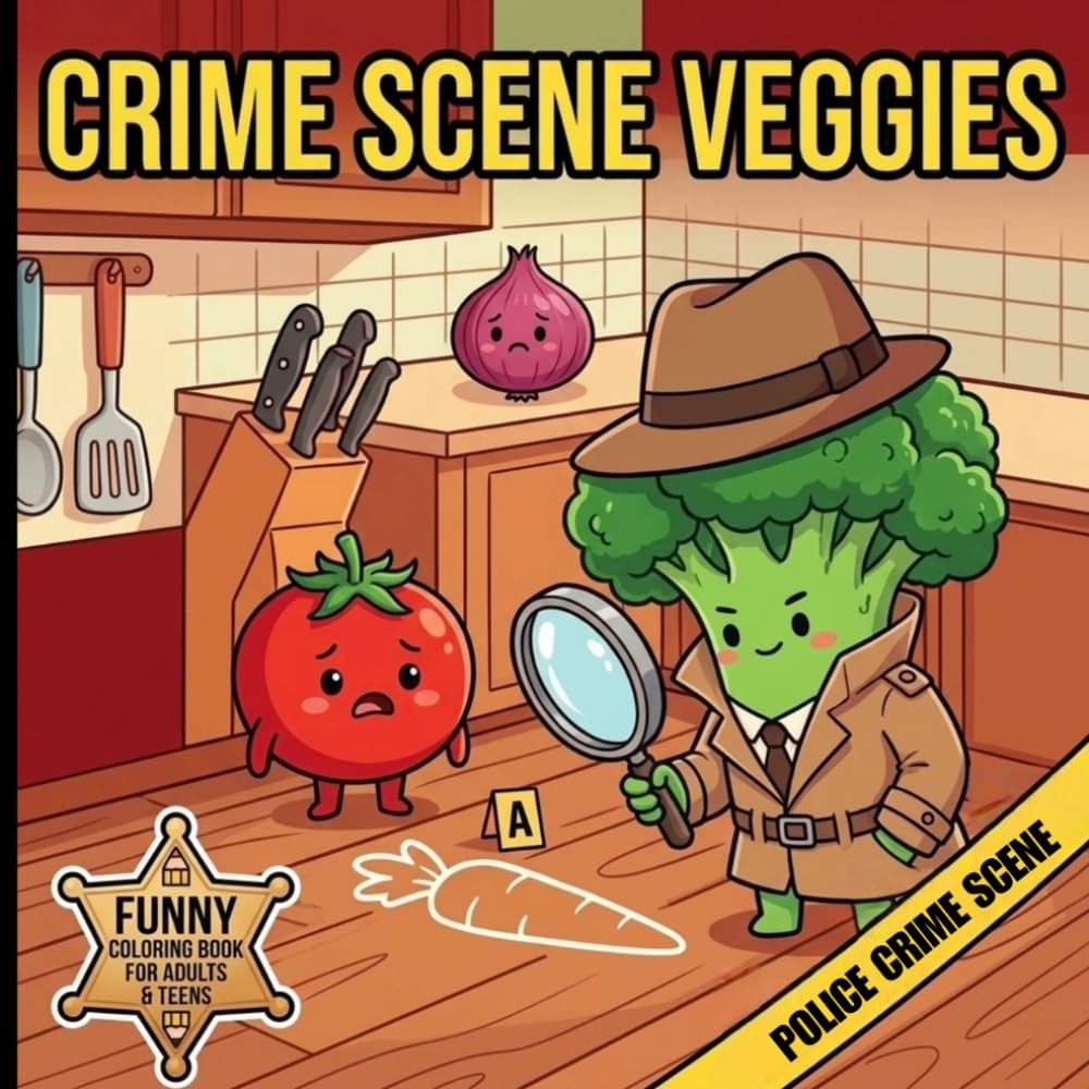 Crime Scene Veggies: A Darkly Funny Coloring Book of Culinary Crimes, Kitchen Mysteries, and Cute Vegetable Detectives