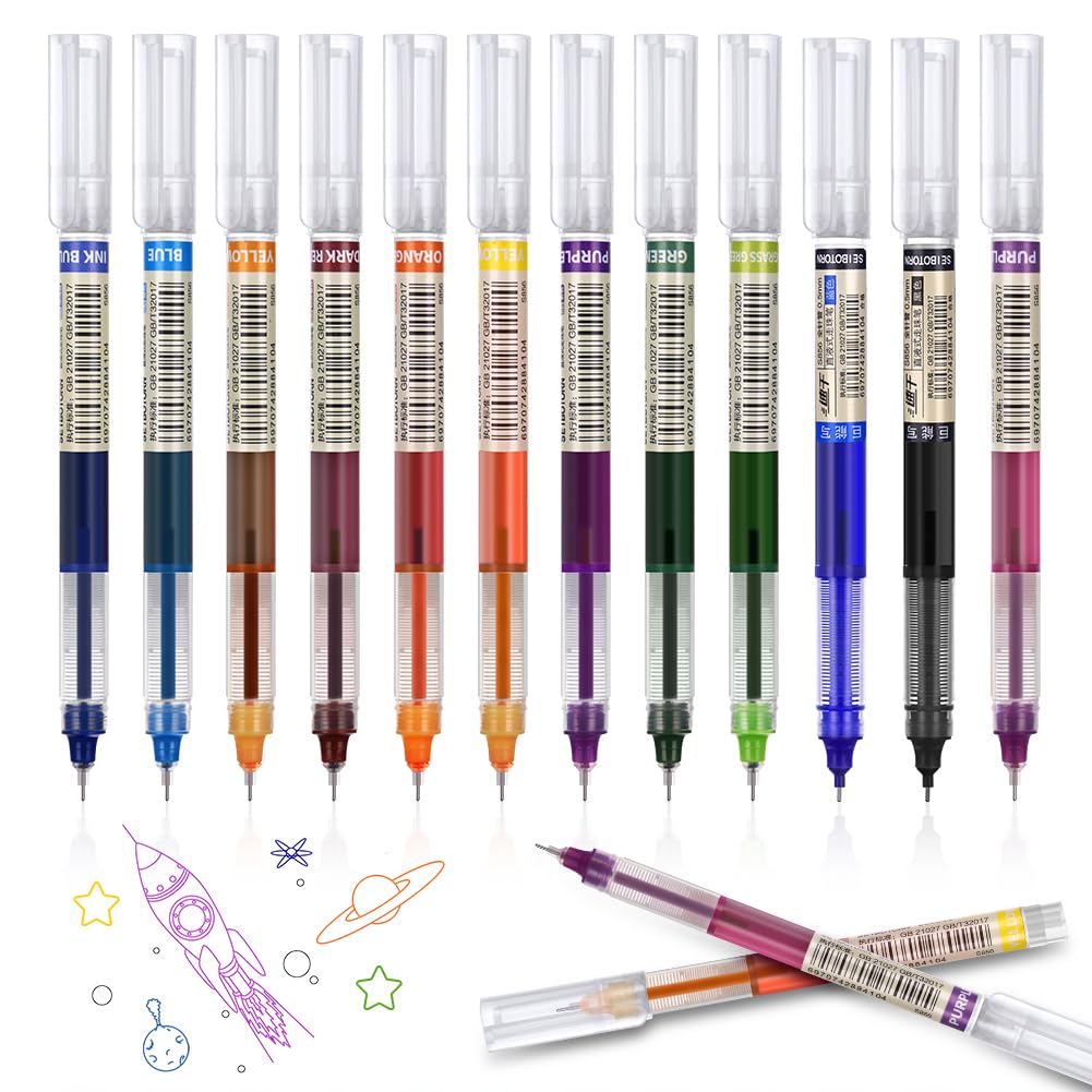 OFFCUP Bolígrafo de tinta de gel multicolor, 12 colores bolígrafo con tinta de gel y punta fina (0,5 mm), bolígrafo de tinta líquida y secado rápido para escritura fluida y precisa