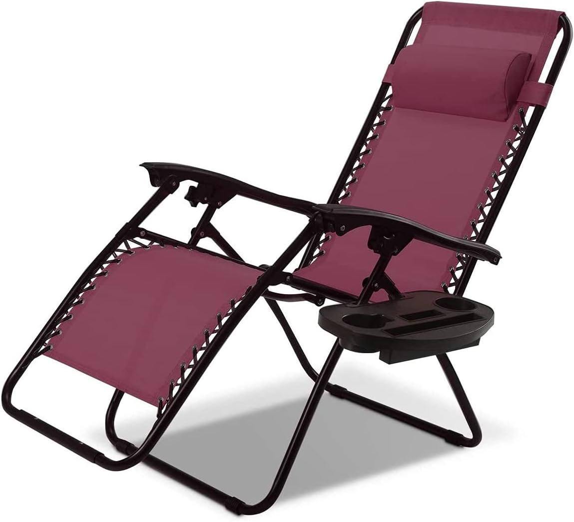 Hysache Folding Zero Gravity Chair, Outdoor Adjustable Lounge Chair w/Detachable Pillow and Cup Holder, Portable Lawn Camping Recliner for Poolside/Backyard/Beach/Deck (Wine)