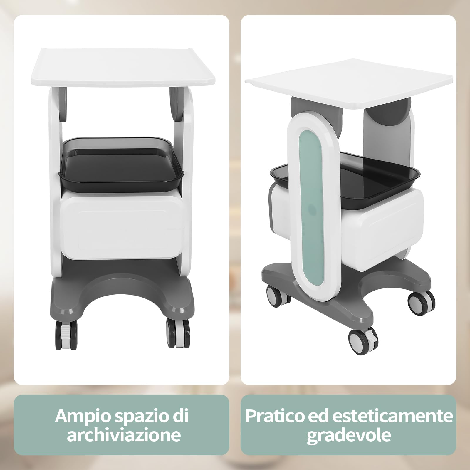Carrelli da laboratorio a 2 livelli, carrello medico con 1 cassetto, 1 vassoio superiore e 4 ruote silenziose, carrello medico mobile con materiale ABS per laboratorio, clinica, ospedale, bianco
