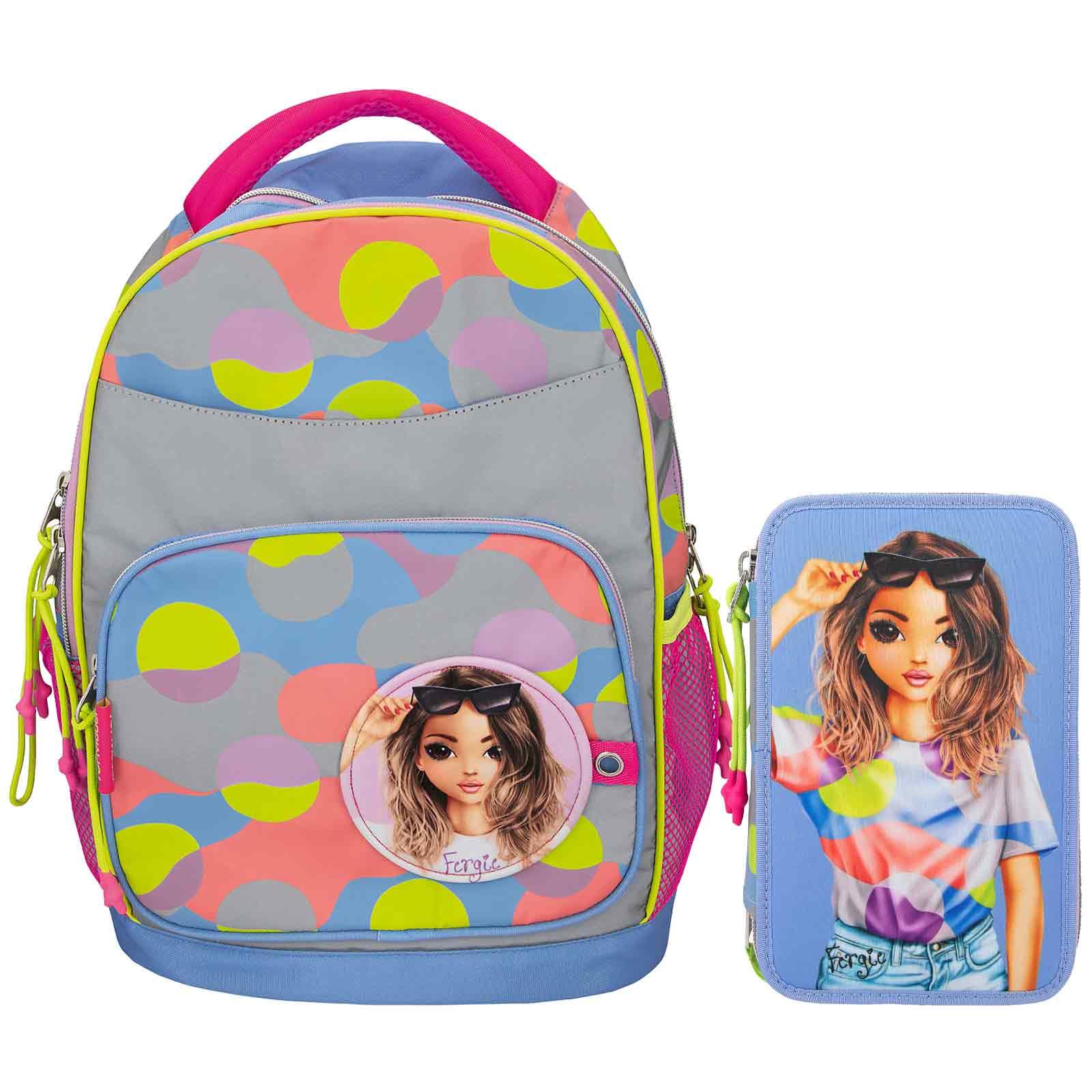 Depesche – TOPModel Flash – Schulrucksack und 3-Fach-Federtasche, mit Model Motiv und Buntem Grafik-Muster, Schultasche mit verstellbaren Trägern, Federmappe mit Buntstiften, Schere, Lineal UVM.
