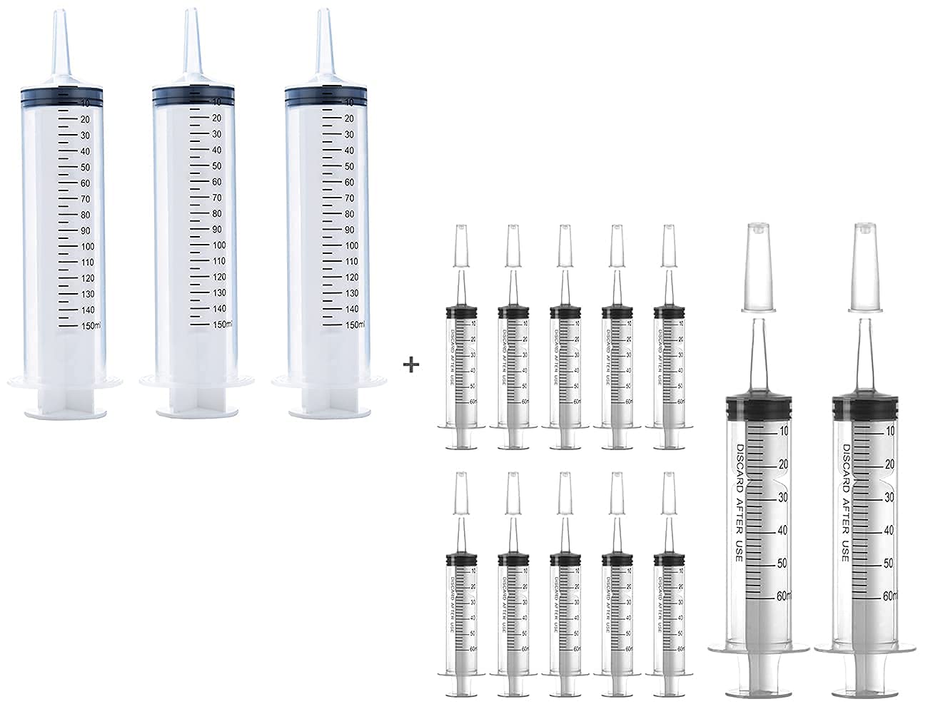 3 Pcs 150ml Syringes + 12 Pack 60ml Syringes with Cap