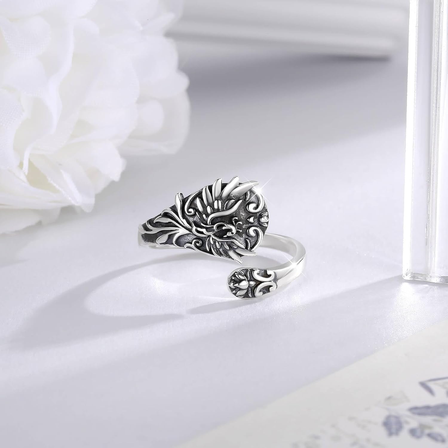 Rising Phoenix Spoon Ring Adjustable 925 Sterling Silver Rise from the Ashes Lotus Jewelry Gifts for Women